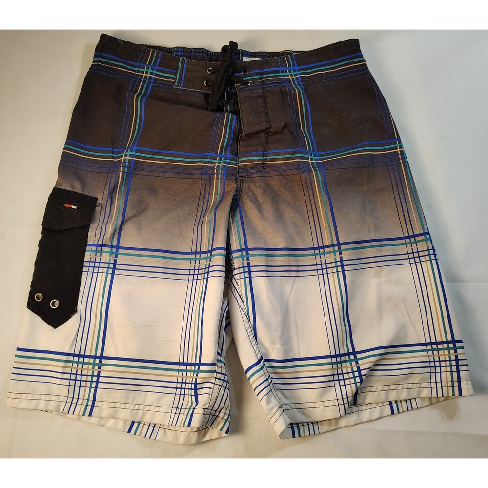 Amplify Board Shorts Mens Plaid Gradient Cargo Pocket Swim Trunks Quick Dry Sz L